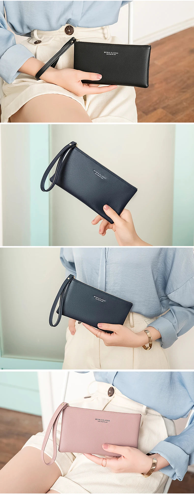 Eine Hand hält eine dunkelblaue, minimalistische PU-Leder-Geldbörse mit Reißverschluss für Karten und Handy vor einem hellen 