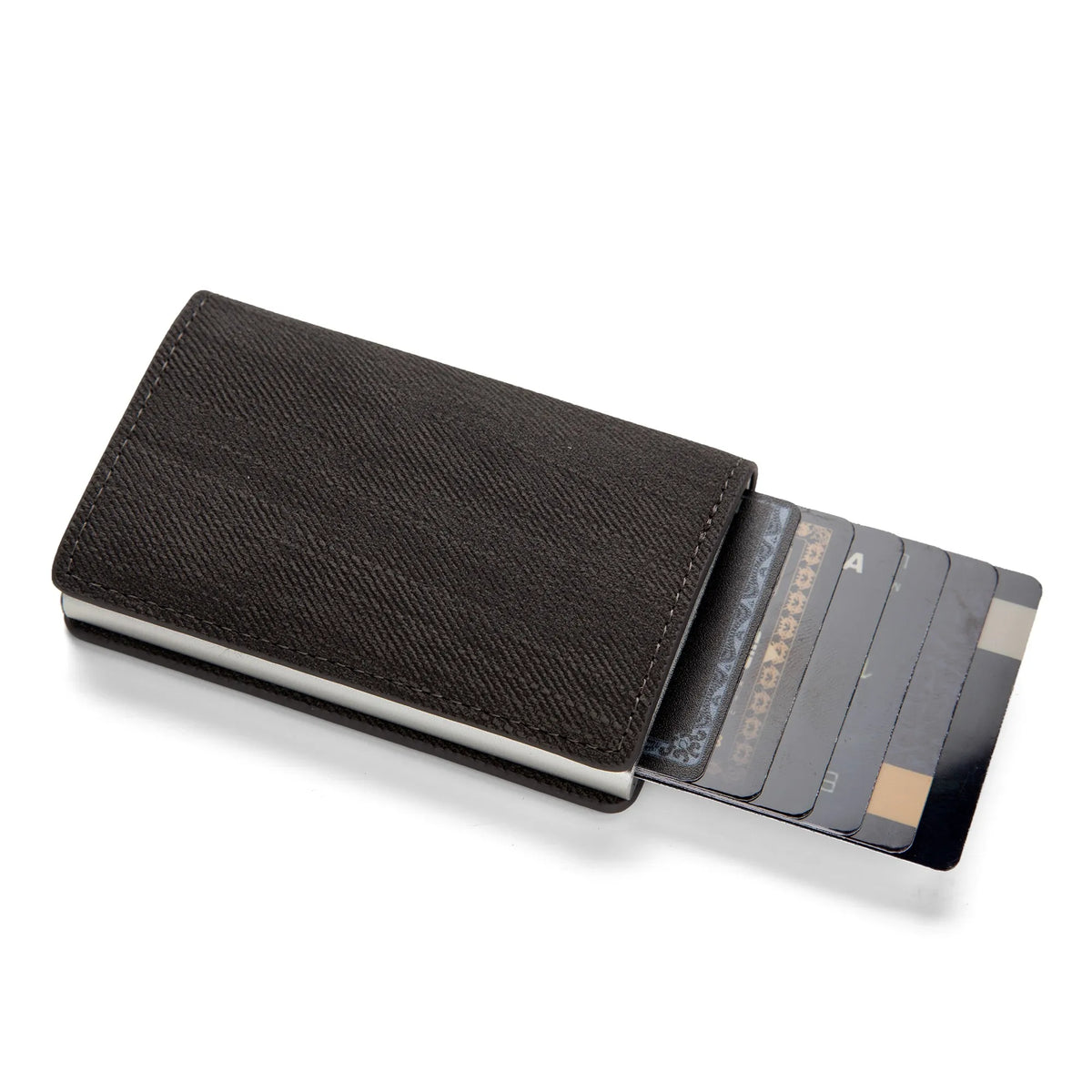 A black minimalist RFID blocking wallet displaying several cards.