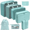 A set of teal fabric storage organizers and a matching drawstring bag for keeping small items.