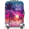 A teal suitcase with a tropical sunset design featuring silhouetted palm trees and vibrant purple and pink hues.