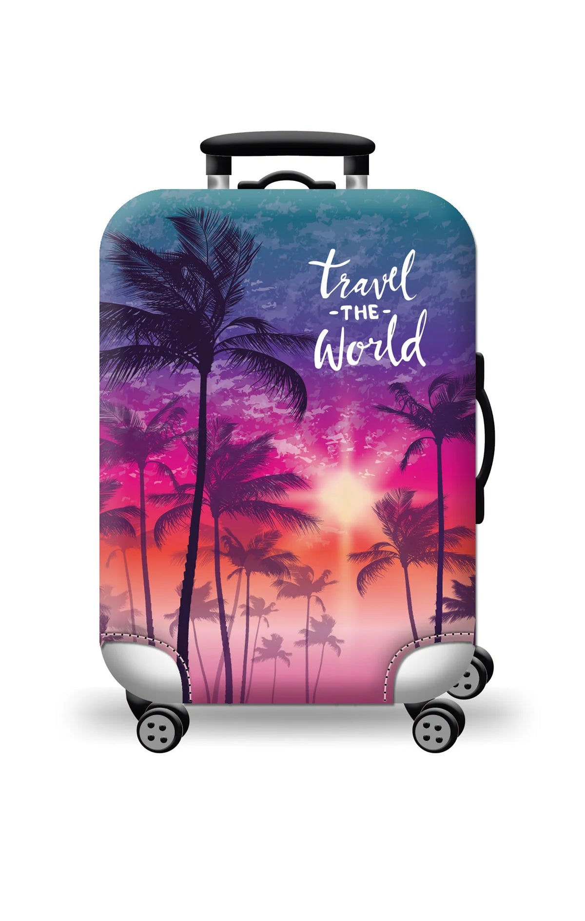 A teal suitcase with a tropical sunset design featuring silhouetted palm trees and vibrant purple and pink hues.