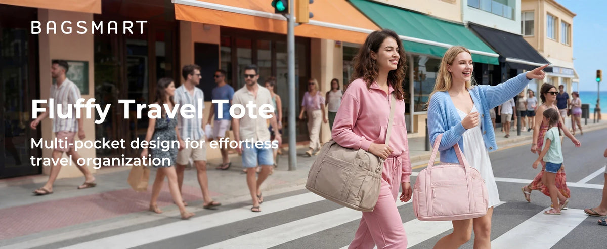 A woman carrying a pink multi-pocket travel tote bag while walking on a city sidewalk.