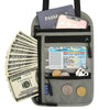 A gray RFID blocking neck wallet holding a driver license, credit cards, and coins.