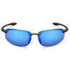 Rimless polarized sports sunglasses with blue mirrored lenses and black frames