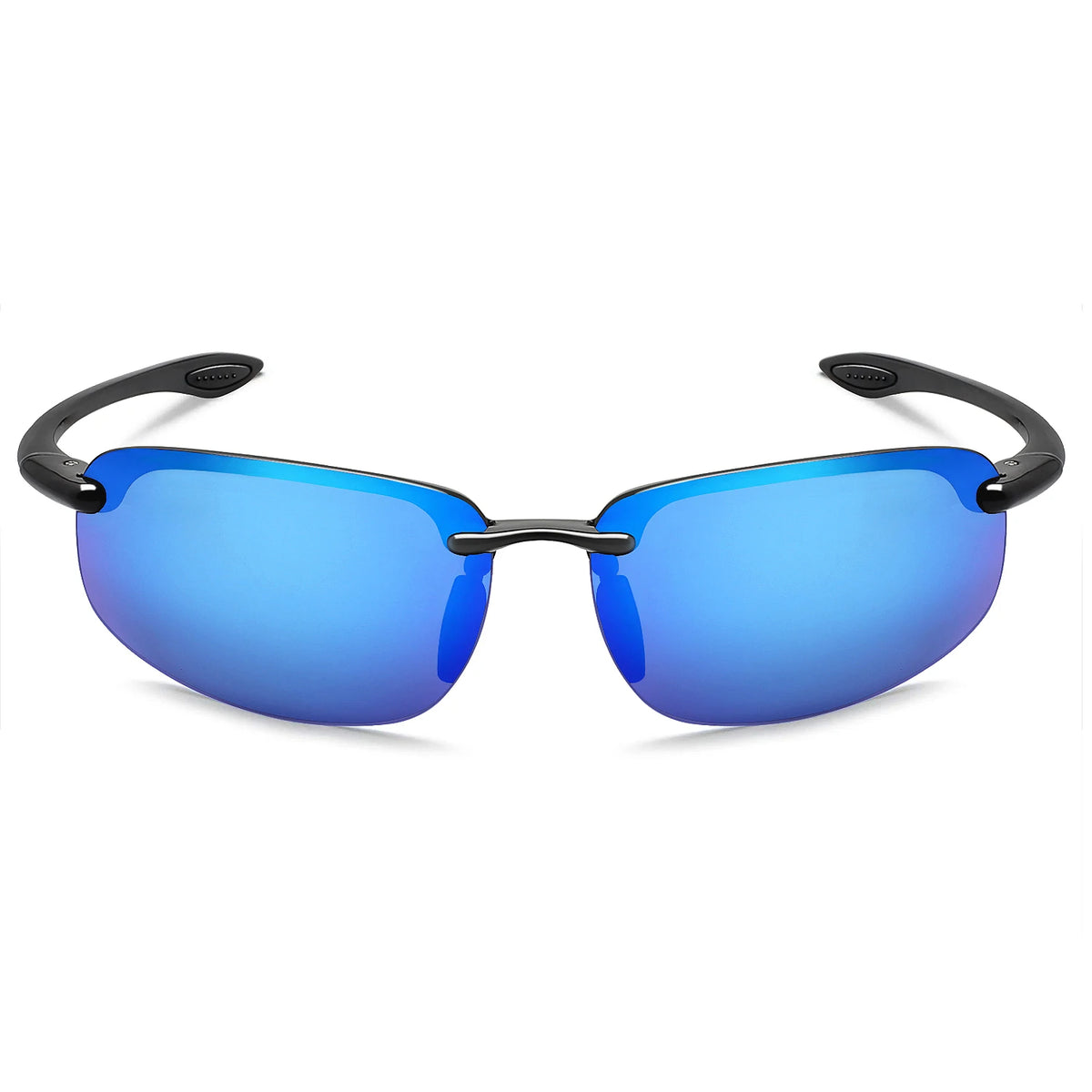 Rimless polarized sports sunglasses with blue mirrored lenses and black frames