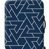 A dark blue suitcase with a geometric white pattern, shown standing on wheels.