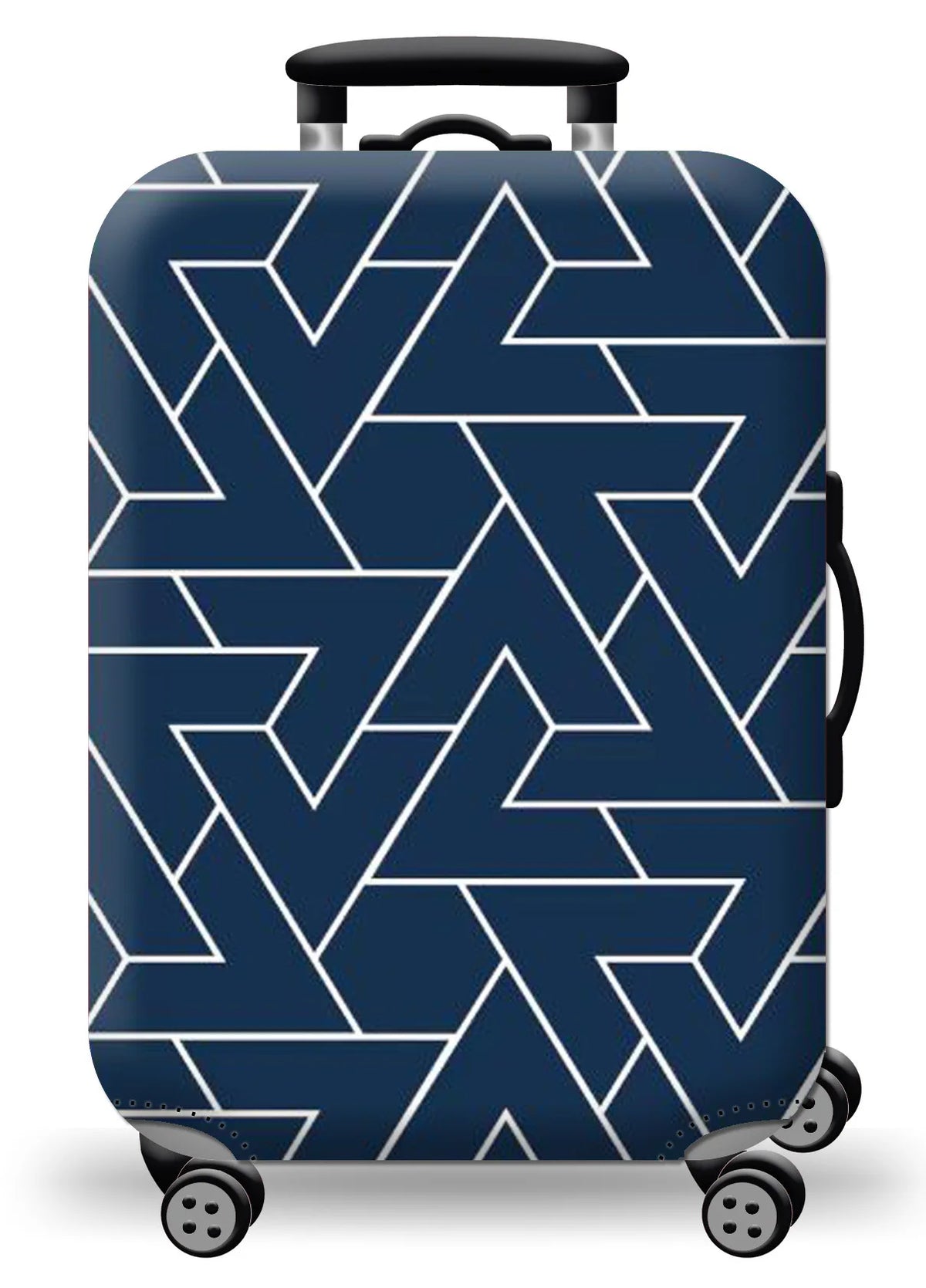 A dark blue suitcase with a geometric white pattern, shown standing on wheels.