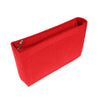 A red felt cosmetic bag insert organizer with a zipper closure.