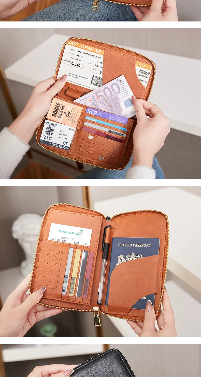 A brown leather RFID blocking travel passport holder is shown open, displaying various documents and cash.