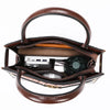 A brown PU leather shoulder handbag with a leather strap and a dark green lens attached.