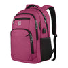 Magenta Laptop-Rucksack mit schwarzen Akzenten und Reißverschlüssen von vorne