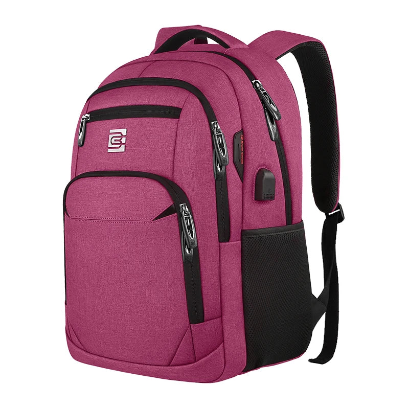 Magenta Laptop-Rucksack mit schwarzen Akzenten und Reißverschlüssen von vorne