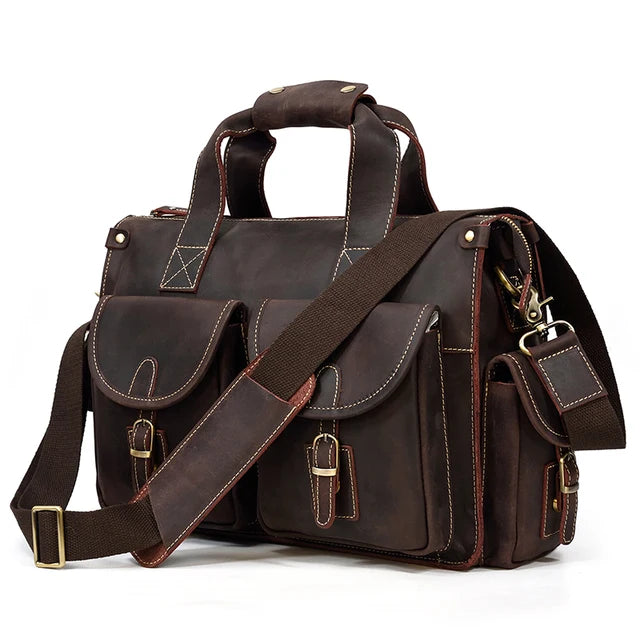 A dark brown genuine cowhide leather briefcase with padded compartments and leather straps.