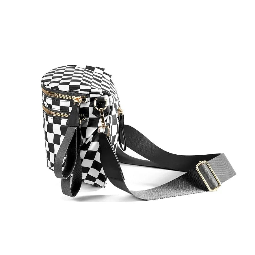 A black and white checkered multi-functional waist bag with a black strap.