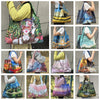 A collection of various colorful and patterned foldable nylon shopping totes displayed on a grid.
