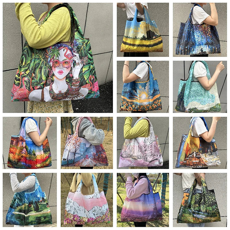 A collection of various colorful and patterned foldable nylon shopping totes displayed on a grid.