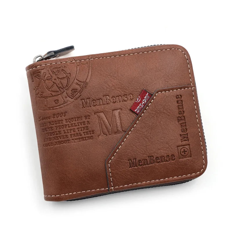 A brown MenBense PU leather wallet with a coin pocket and card holder.