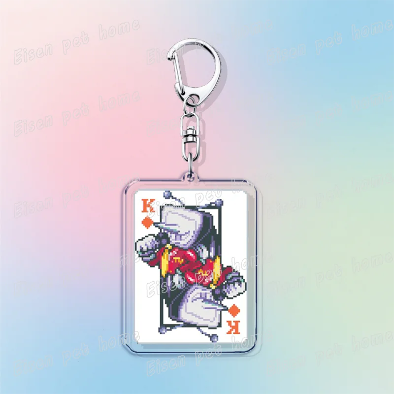 A silver keychain featuring a pixel art design of Deltarune chibi poker cards.