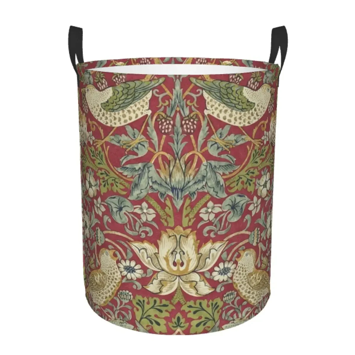 A vintage floral laundry hamper with a red background featuring green and cream foliage patterns.