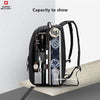 A black Swiss Military Store laptop backpack showing various tools and accessories inside.