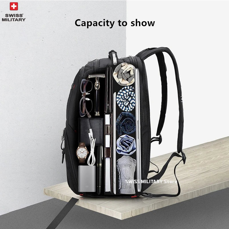 A black Swiss Military Store laptop backpack showing various tools and accessories inside.