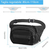 Black adjustable waist bag with a zipper and belt, shown from the side.