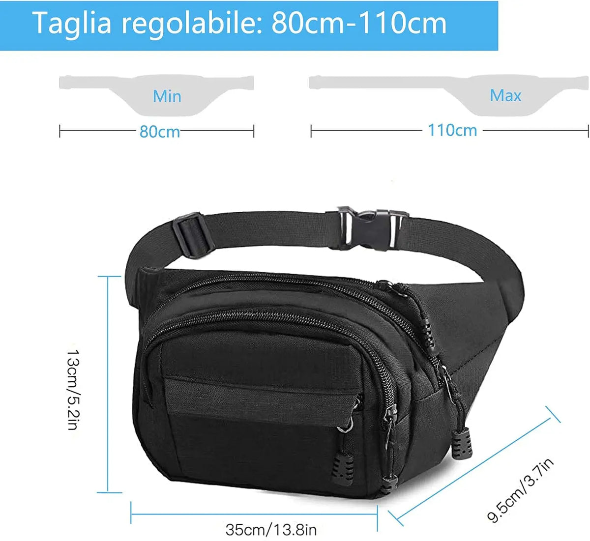 Black adjustable waist bag with a zipper and belt, shown from the side.