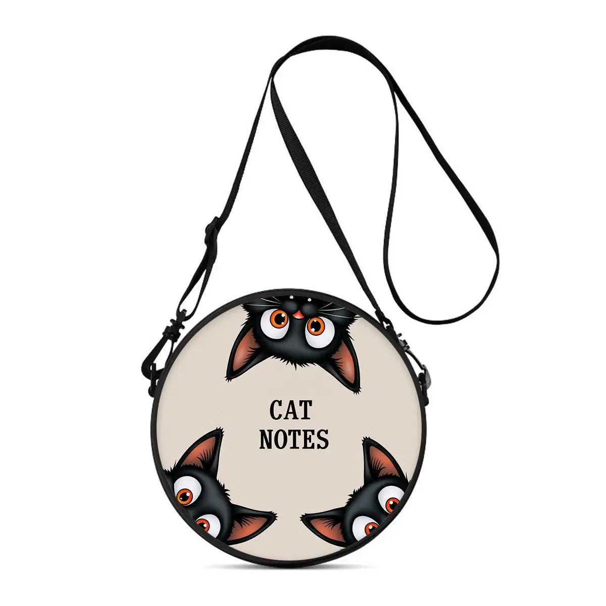 A black cartoon cat face charm attached to a black leather strap, used as a round crossbody bag.