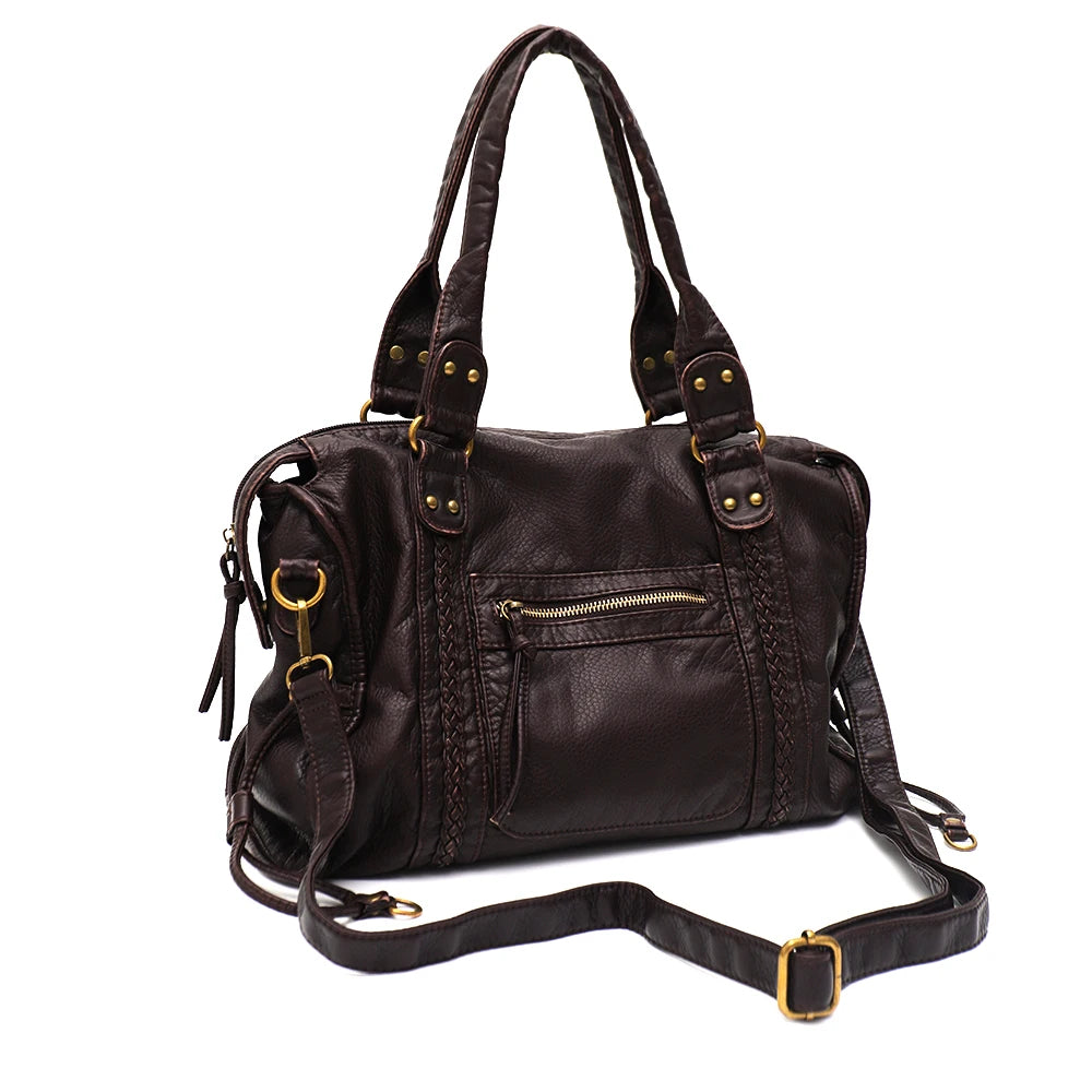 Dunkelbraune Vintage-PU-Leder-Tasche mit Ledergriffen und Reißverschlussfächer.