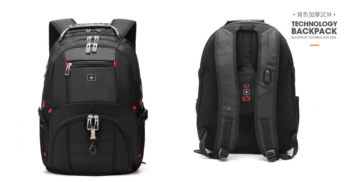 Mochila de viaje grande para hombre suizo negro vista desde atrás.