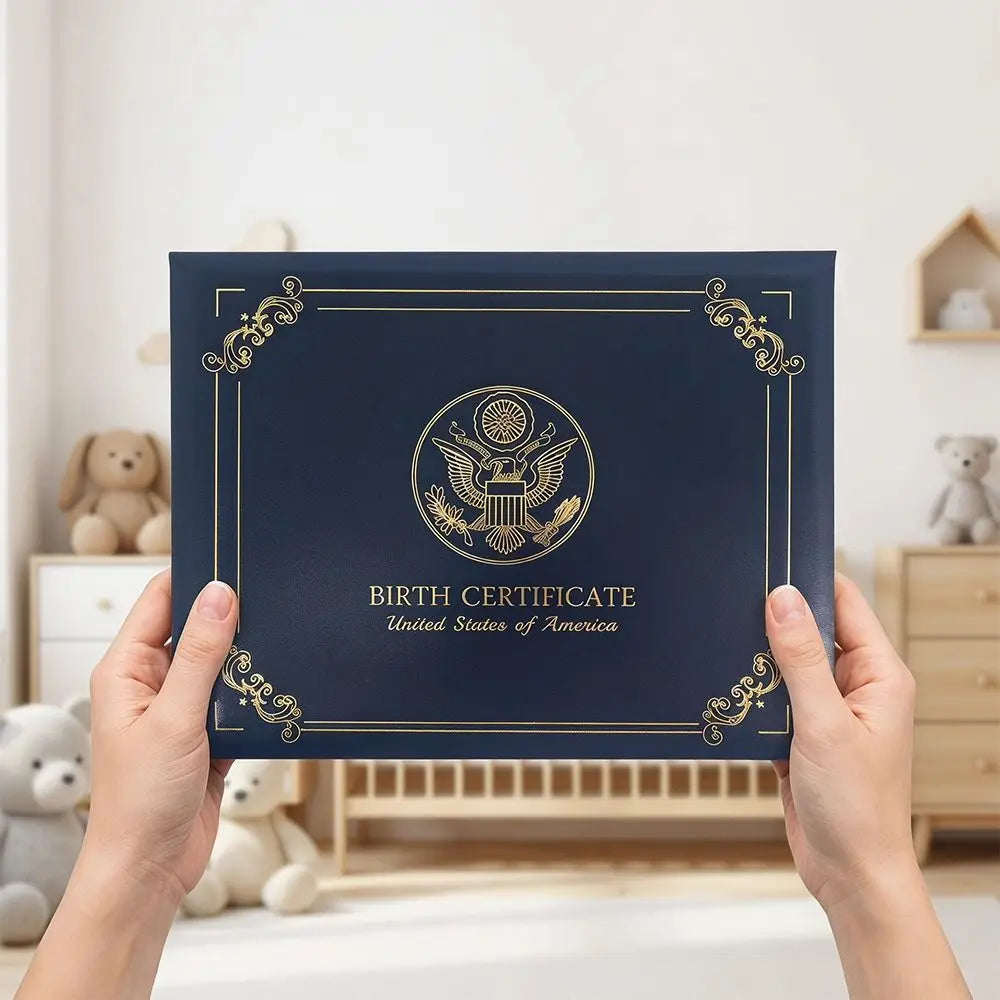 A person holds an elegant dark blue birth certificate holder with gold detailing and an eagle emblem.