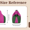 A size reference showing a pink and green striped knit clutch bag next to a white smartphone.