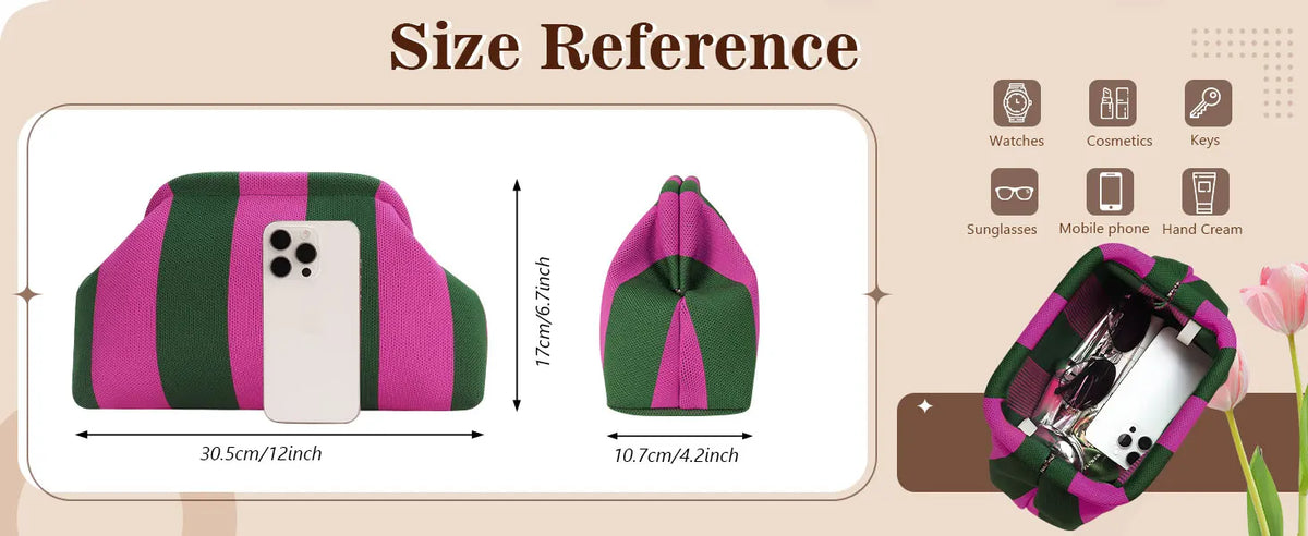 A size reference showing a pink and green striped knit clutch bag next to a white smartphone.
