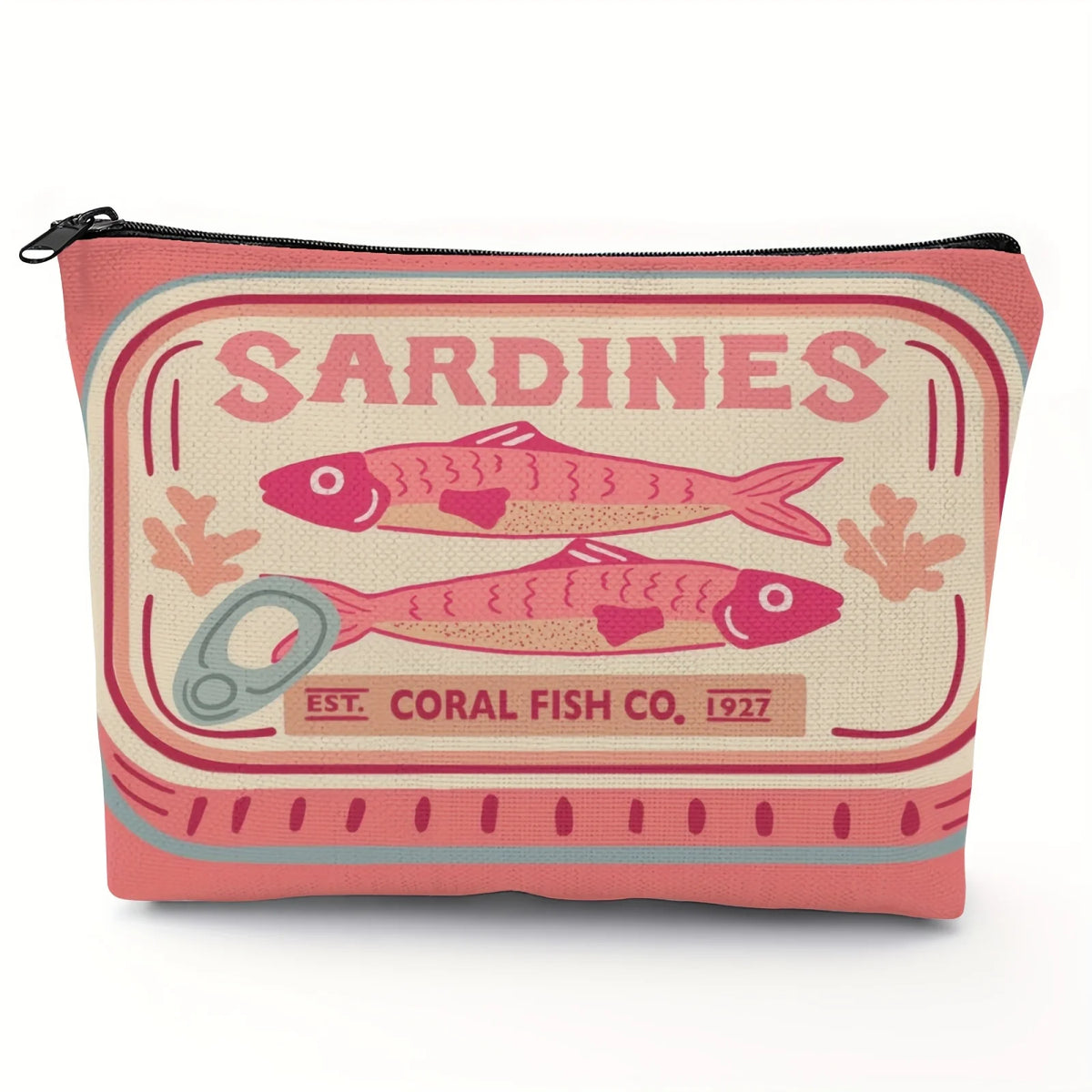 Pinkes Reißverschlussbeutel mit Vintage-Design einer Sardine und dem Text Sardinen