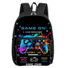 Black backpack featuring a Game On theme with a video game controller graphic and level information