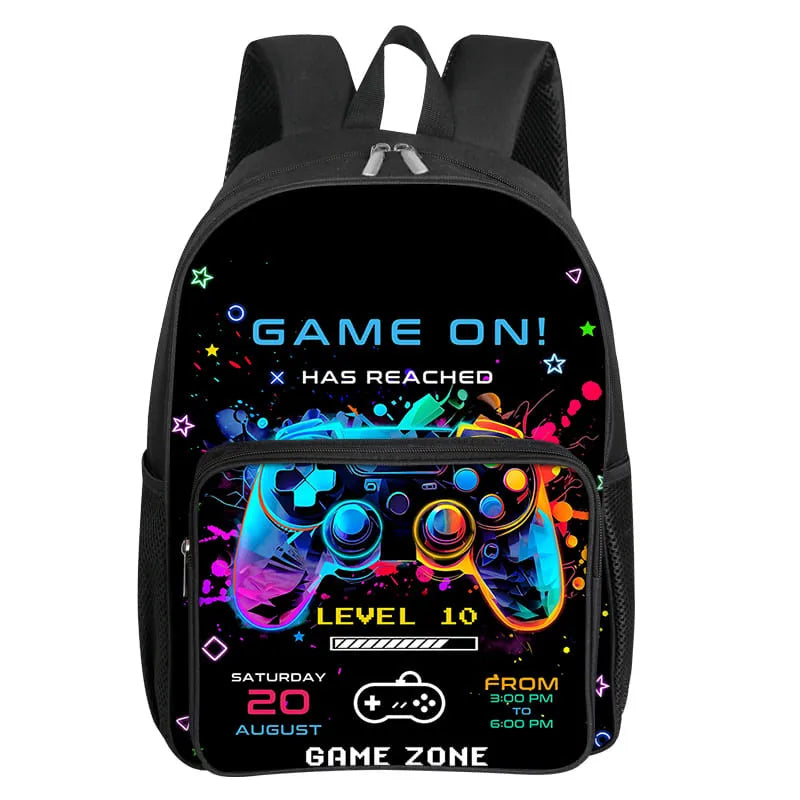 Black backpack featuring a Game On theme with a video game controller graphic and level information