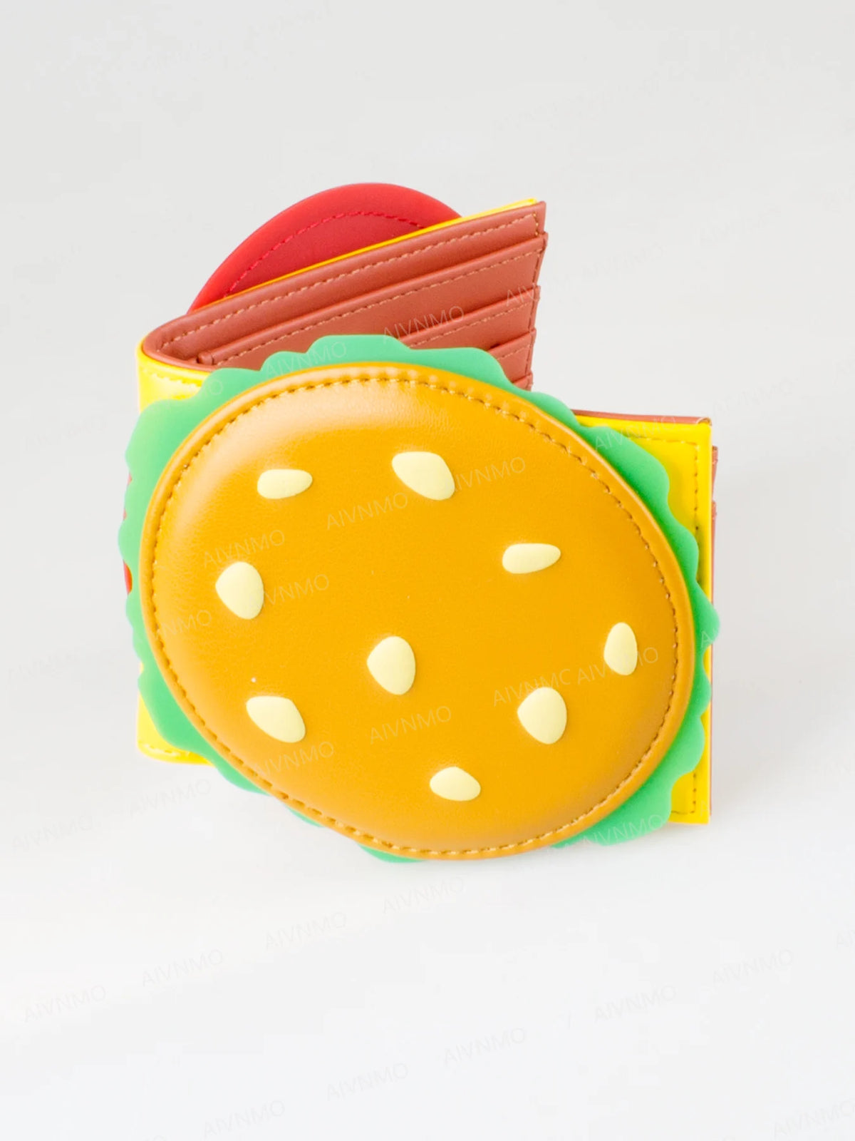 A colorful foldable 3D card holder wallet featuring a bright orange sandwich shaped card.