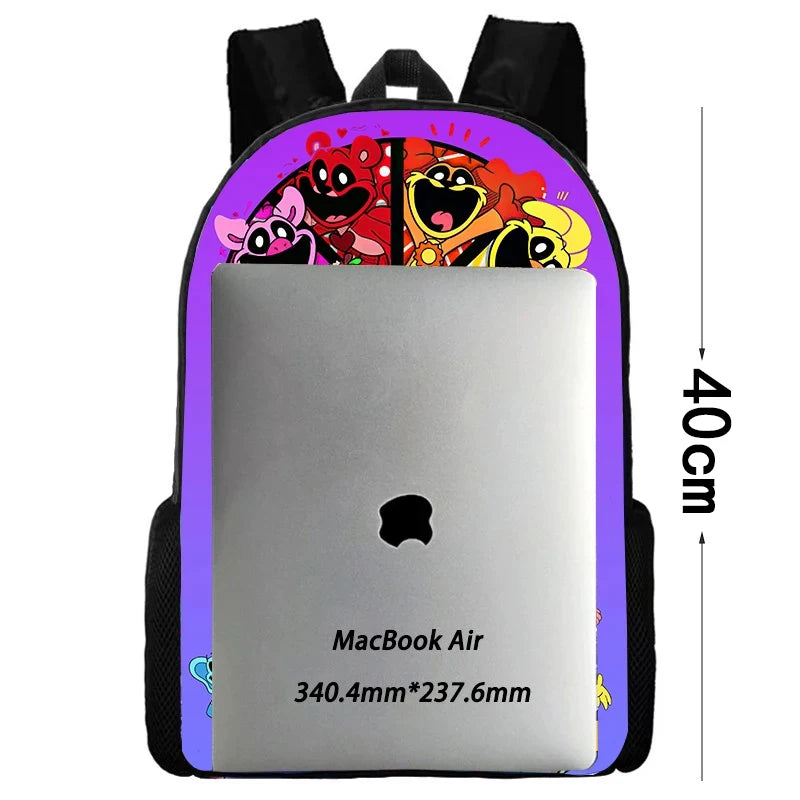 A laptop bag featuring a MacBook Air and a colorful cartoon character school backpack set