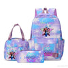 A purple and blue multi-compartment backpack set featuring a main backpack and a separate pouch.