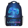 A dark blue backpack featuring a glowing green game controller design and a loading bar graphic.