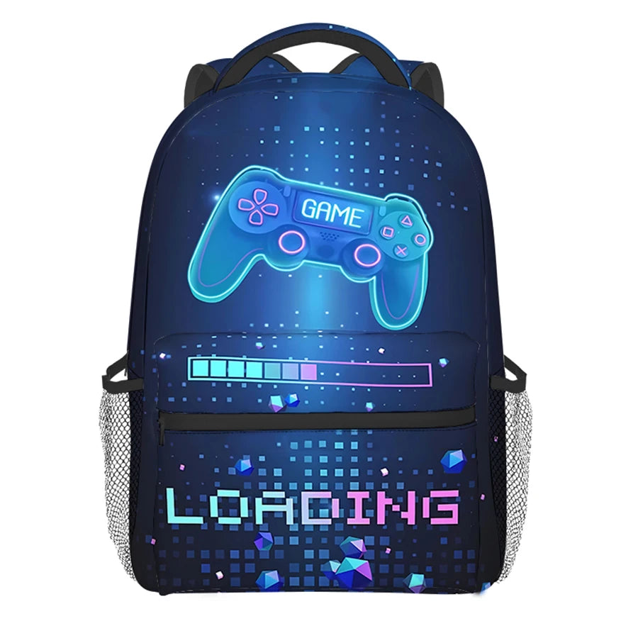 A dark blue backpack featuring a glowing green game controller design and a loading bar graphic.
