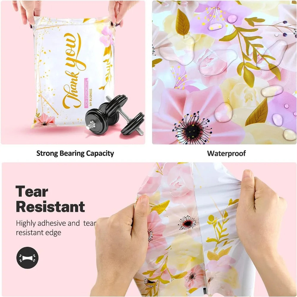 Hand holding a clear poly mailer with a thank you design, showing its tear resistance and waterproof quality.