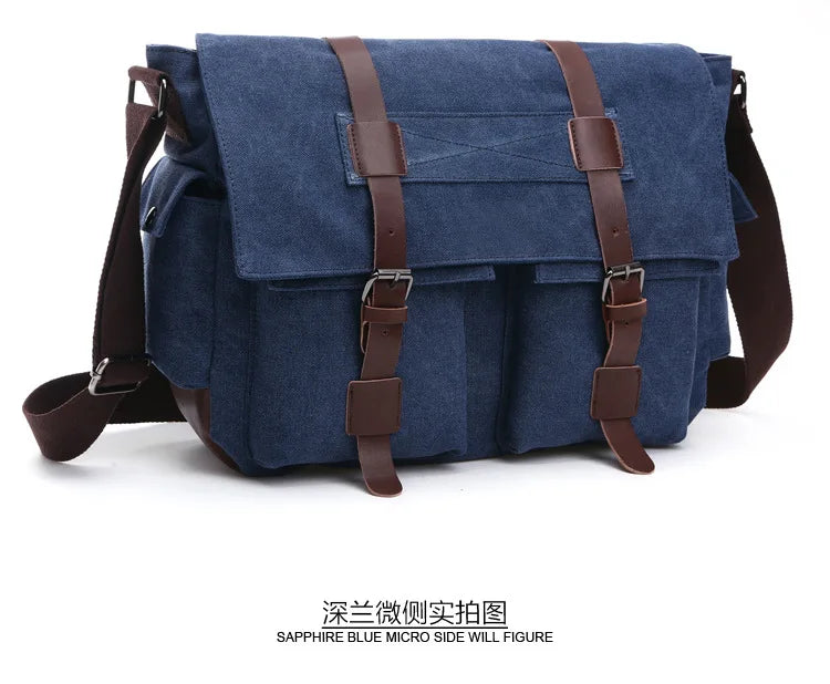 Navy blue canvas messenger bag with brown leather straps and pockets