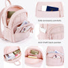 Pink quilted laptop backpack showing various accessory pockets and compartments