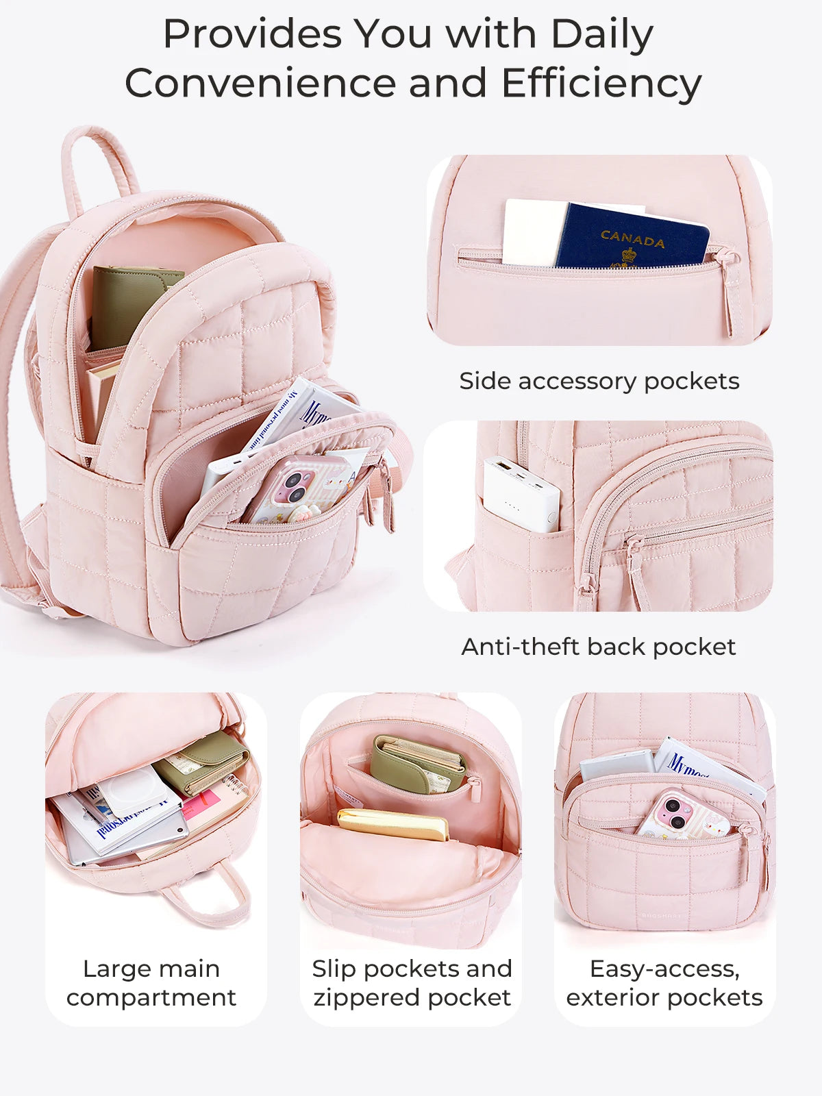 Pink quilted laptop backpack showing various accessory pockets and compartments