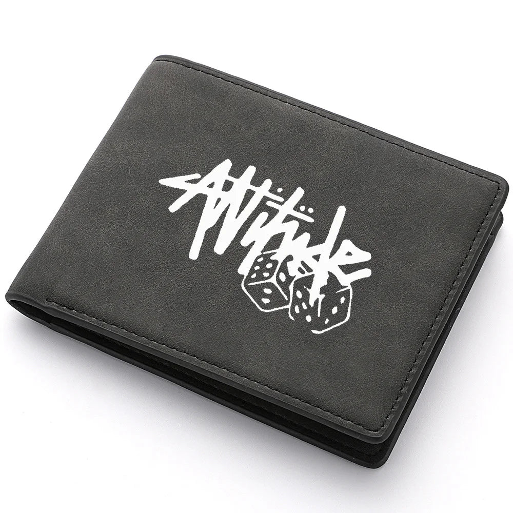A black PU leather wallet featuring a white cartoon print design.