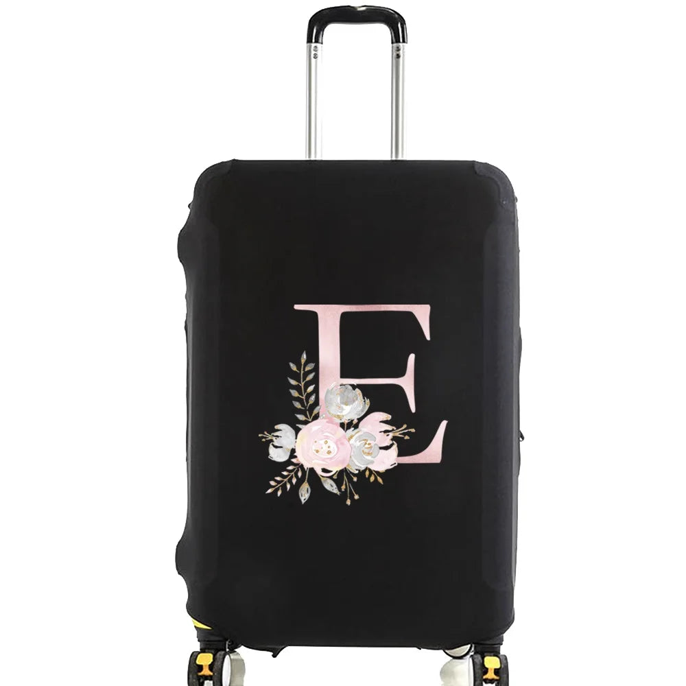 Black luggage with a pink floral design featuring the letter E on the side.