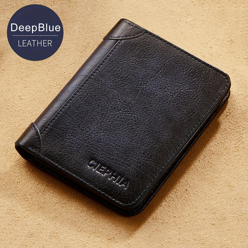 A black DeepBlue leather bi-fold wallet with the name Ciephia resting on a light tan surface.