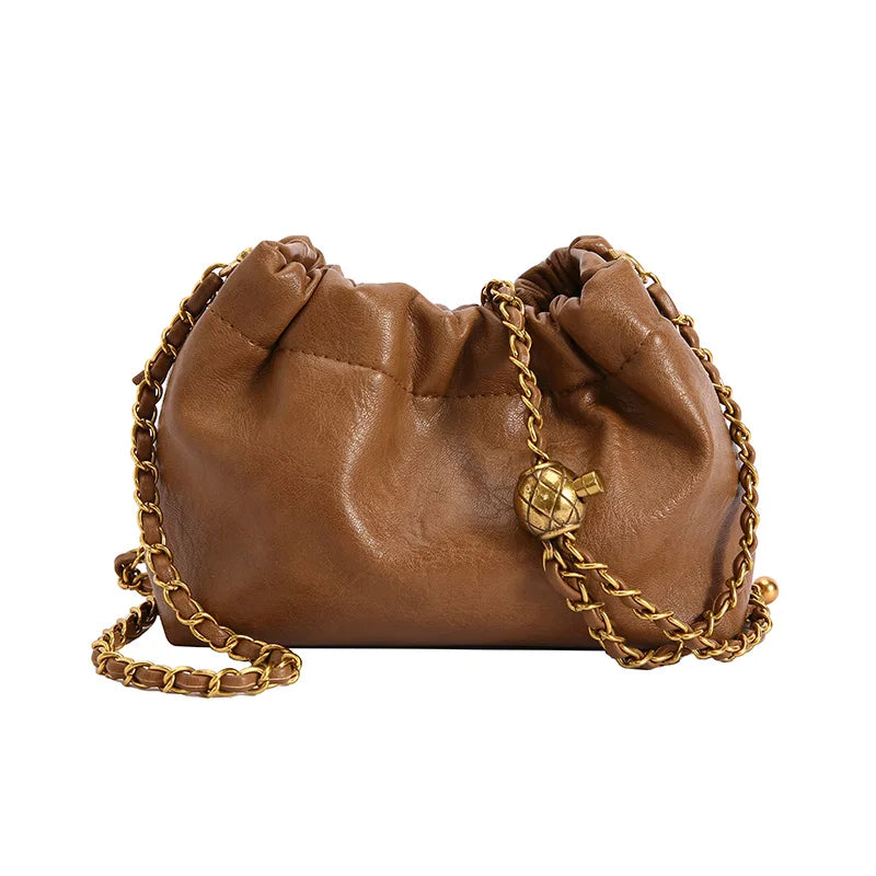 A brown PU leather chain shoulder bag with a gold-toned chain strap.
