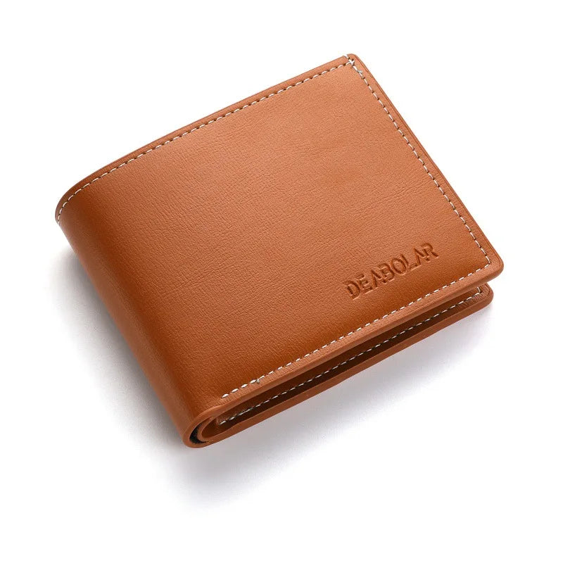 A brown men's PU leather folding wallet shown from above.